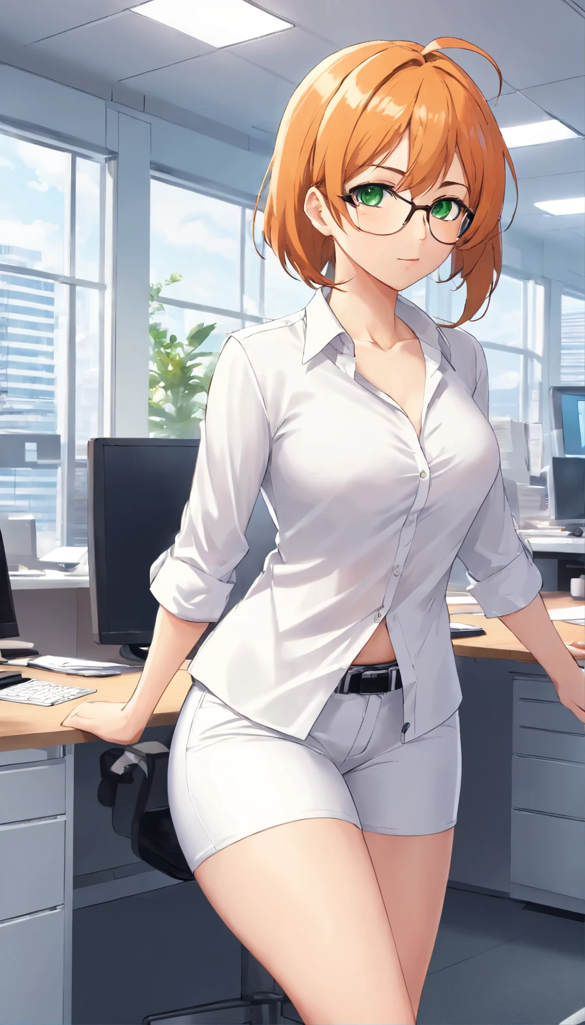 (masterpiece, Best quality), 8K, ultra detailed, realistic photo, Detailed face, perfect lighting, green eyes, bright orange hair, bright hair, fox ears, nice legs, side photo, beautiful, Cute, skin pores, 1 girl, stand in the office, hiking, Office pants, perfect shirt, fully dressed, beautiful women 30 years old, Beautiful proportions, Russian woman, Caucasian, European, Business lady, stunningly beautiful woman, mother, thick legs, show ass, big breasts, (Thin white shirt:1.4), thick, hot, (White Office Wear:1.4), tight pants, (wide hips:1.2), thick, (white Office pants:1.3), spread your legs, Legs open, full length, wide hips, Glasses
