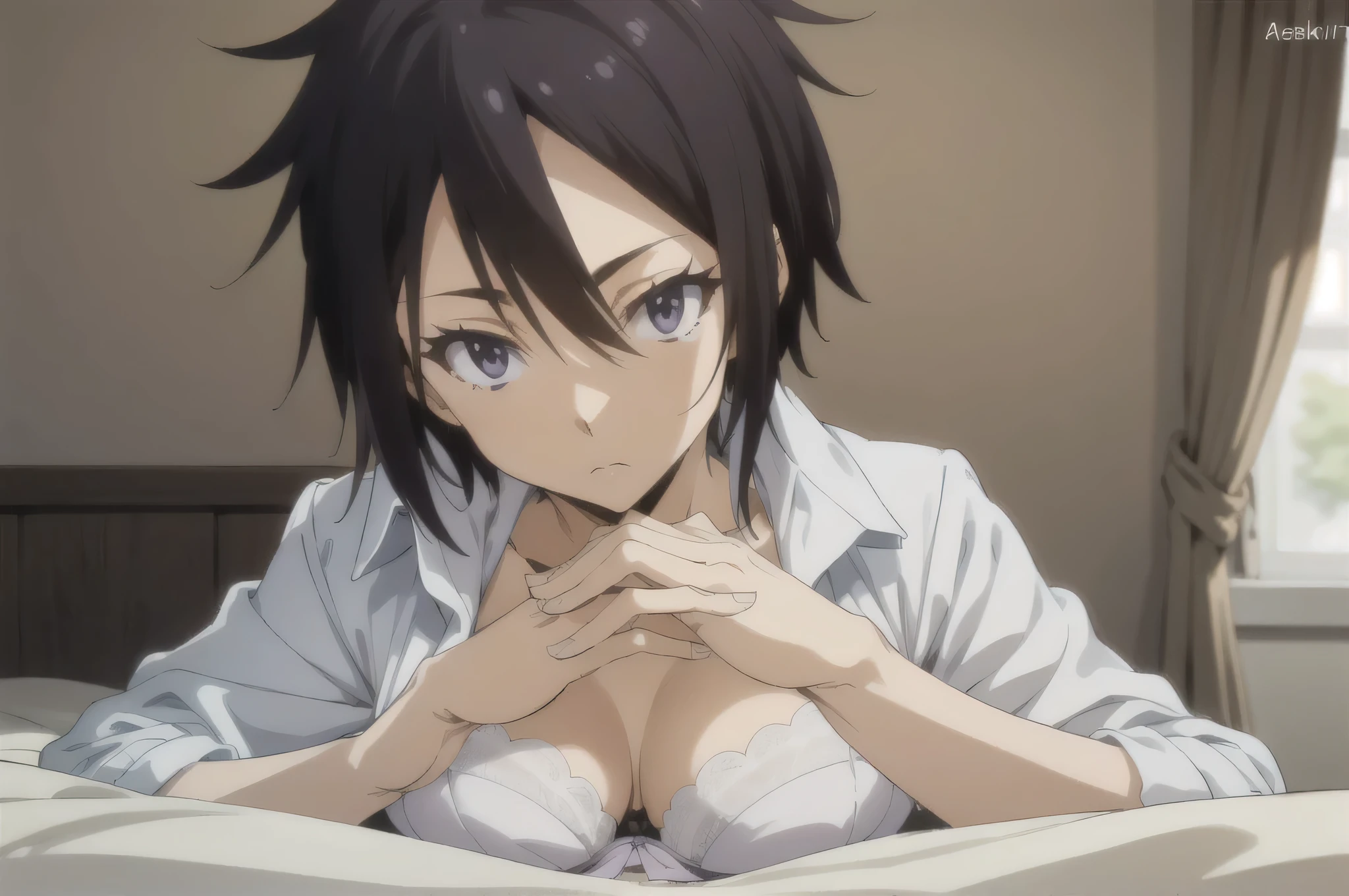 hinatasakaguchi, hinata sakaguchi, Black Hair, (Iris:1.5), short hair, Hair between the eyes,(((white lace panties,white lace bra ))),beautiful things,lying
break ,
break View Viewer,
break indoor ,on the bed ,bedroom,
break (masterpiece:1.2), highest quality, High resolution, unity 8k wallpaper, (figure:0.8), (Beautiful fine details:1.6), Highly detailed face, Perfect lighting, Highly detailed CG, (Perfect hands, Perfect Anatomy),