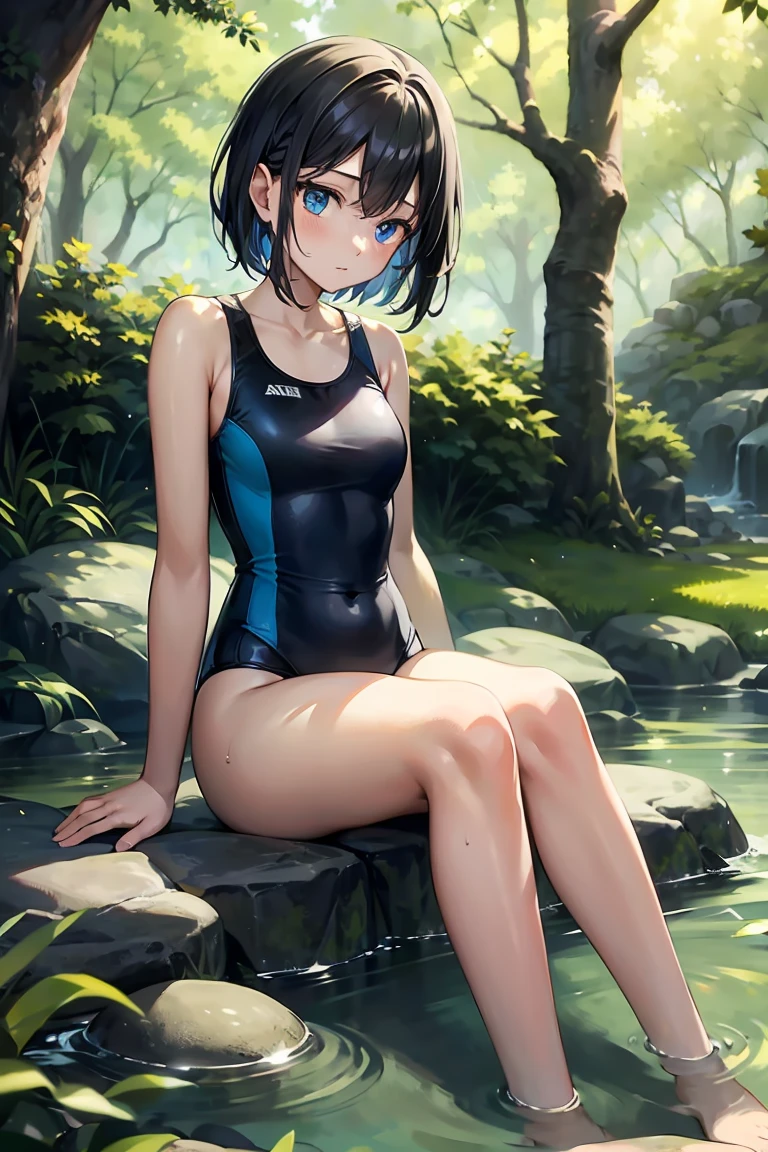 A young girl with black short hair, sky-blue eyes, wearing a one-piece swimsuit, sitting on a stone by a stream. She is dipping her feet in the water, surrounded by lush greenery. The scene is set in the afternoon with soft sunlight filtering through the trees, creating a peaceful and relaxing atmosphere.