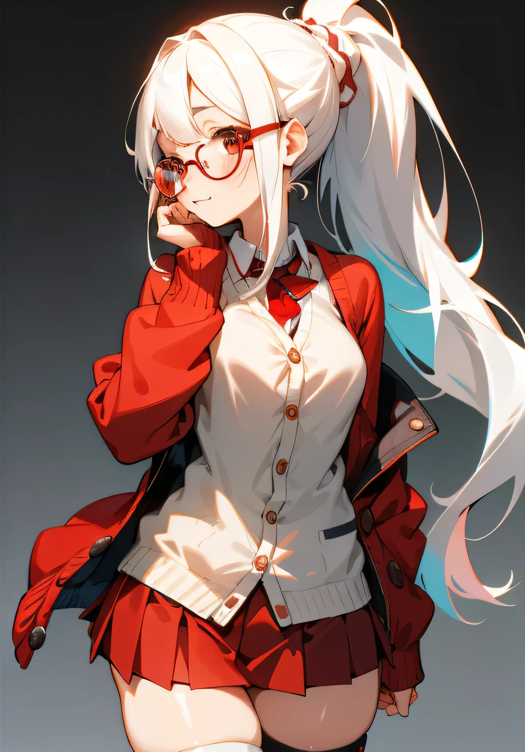 1GIRL, cute girl, finely detailed, (best quality), (intricate details), cute style, shy style, nerd girl, nerd style, multicolored, ((long white hair in ponytail)), wears glasses, best quality, ((red clothes)), school-like clothes, ((oversized cardigan, button up top, short skirt)), ((thigh high socks)), ((round eyes)), beautiful face, shy eyes, cute face, shy girl, perky breasts, ditzy face, perfect face, simple background portrait