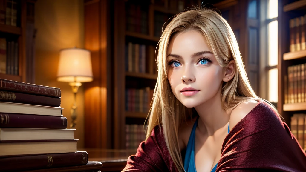 dressed, maroon hood up, (photo realistic:1.4), (hyper realistic:1.4), (realistic:1.3), (smoother lighting:1.05), (increase cinematic lighting quality:0.9), 32K, 1girl,20yo girl, realistic lighting, backlighting, light on face, ray trace, girl wearing a maroon off shoulder robe, wolf blonde hair with blue eyes, black corset, trimmed leg wear, huge maroon hood up, gorgeous face, high resolution, detailed face, not smiling, long hall library background, hair covering half of the face (brightening light:1.2), (Increase quality:1.4), (best quality real texture skin), finely detailed eyes, finely detailed face, (tired and sleepy and satisfied:0.0), face closeup, t-shirts, (Increase body line mood:1.1), shiny skin
