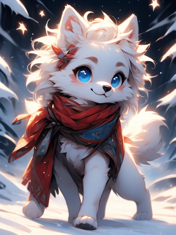 white baby wolf pup, baby girl wolf, bright sky-blue eyes ( Absurdly , High quality , ultra detailed ) ,( hand detailed ) , 1girl, solo, , (concept art, character sheet, character sketch),absurdres(highly detailed beautiful face and eyes)perfect anatomy, adorable, cute eyes, big eyes, short messy hair, long red scarf, baby puppy, walking on all four paws, (sketch), toes, snow, crawling, joyful