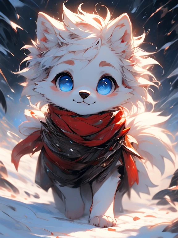 white  wolf pup,aby g bright sky-blue eyes ( Absurdly , High quality , ultra detailed ) ,( hand detailed ) , 1girl, solo, , (concept art, character sheet, character sketch),absurdres(highly detailed beautiful face and eyes)perfect anatomy, adorable, cute eyes, big eyes, short messy hair, long red scarf, baby puppy, wal on all four paws, (sketch), toes, snow, crawling, joyful, pouncing