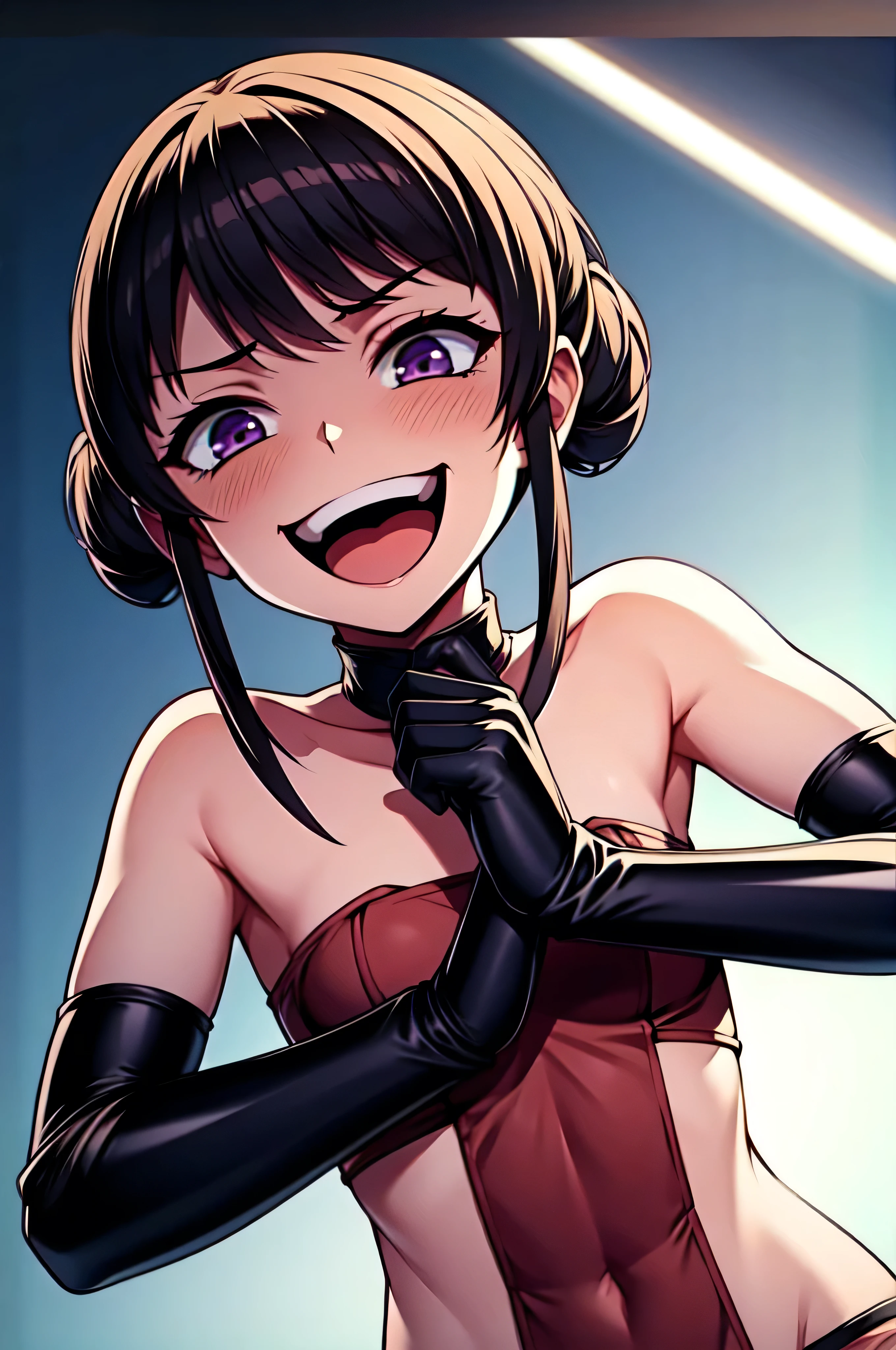 Best picture quality, 4K, 8K, High resolution, Masterpiece: 1.2), ultra detailed,,black and dark aura background,masterpiece, highest quality,best quakity, High resolution,,twintail,flat chest,sheded face,latex,elbow gloves,evil smile,sadistic,evil laugh at,,,Shiny skin,black and purple background,face only,