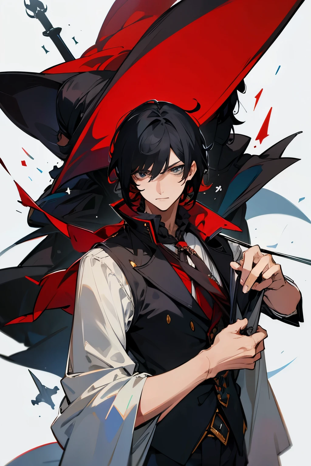 A short black haired man with tied hair, l'homme a des yeux rouge et un style vestimentaire de pirate