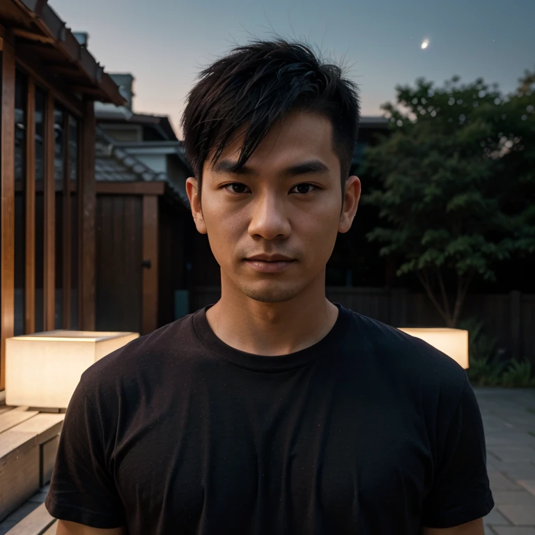 Young Asian man, 35 years old, Short, cropped mohawk hair,) , Looking straight at you intently, alone, outdoor warm light,) night sky warm light,)  professional lighting, Sony A7R4, 50mm sessile lens., ,(dark red t-shirt,)  Warm light, shot with a high quality camera 45,000,000,000,Pixels, realistic light colors,