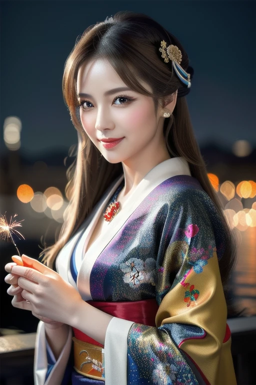 a beautiful russian woman in her 20s, light brown hair, fine white skin, attractive face, tight waist, cleavage, smiling kindly, wearing stylish clothes and necklace, active posing, detailed eyes, nose, lips, long eyelashes, perfectly balanced body, rough hairstyle, (best quality,8k,highres,masterpiece:1.2),ultra-detailed,(realistic,photorealistic,photo-realistic:1.37),HDR,UHD,studio lighting,ultra-fine painting,sharp focus,physically-based rendering,extreme detail description,professional,vivid colors,bokeh,portrait,beautiful night scenery,kimono,geisha,kyoto cityscape,holding sparklers
