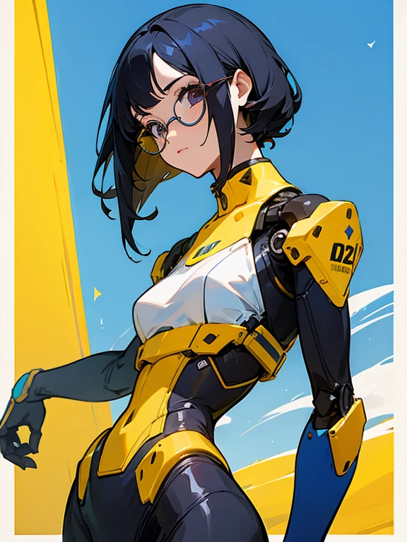 Mujer, robot, cabello amarillo, ojos azules, lentes de sol, modelo