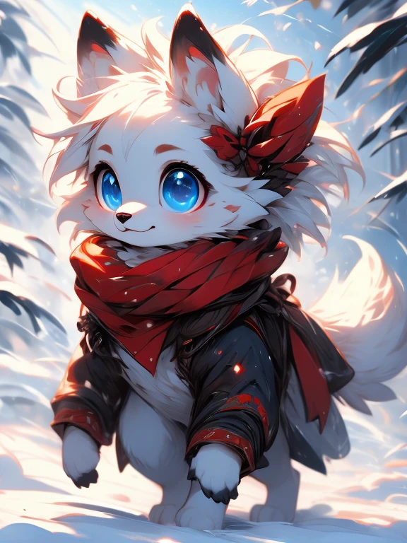 white baby wolf pup, baby girl wolf, bright sky-blue eyes ( Absurdly , High quality , ultra detailed ) ,( hand detailed ) , 1girl, solo, , (concept art, character sheet, character sketch),absurdres(highly detailed beautiful face and eyes)perfect anatomy, adorable, cute eyes, big eyes, short messy hair, long red scarf, baby puppy, walking on all four paws, (sketch), toes, snow, joyful, pouncing, line art