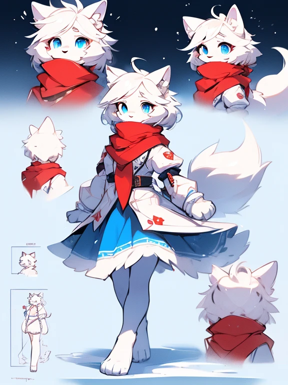 white  wolf pup,aby g bright sky-blue eyes ( Absurdly , High quality , ultra detailed ) ,( hand detailed ) , 1girl, solo, , (concept art, character sheet, character sketch),absurdres(highly detailed beautiful face and eyes)perfect anatomy, adorable, cute eyes, big eyes, short messy hair, long red scarf, baby puppy, wal on all four paws, (sketch), toes, snow, joyful, pouncing, line art