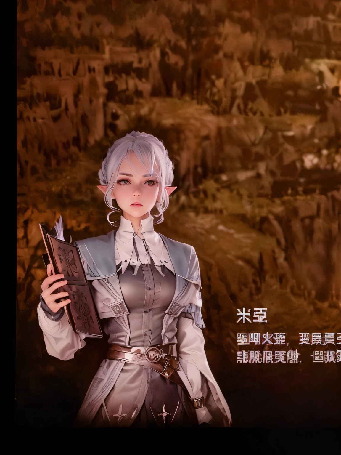 1 girl, solo, with silver hair in a hair bun, bright gray eyes, wearing make-up, a sash, collared shirt, jacket, belt, long sleeves, elf ears, an inexpresive expression, holding an ancient tome with a mysterious symbol, looking a little bit older, pointy ears, pupils sparkling, super detail, high quality