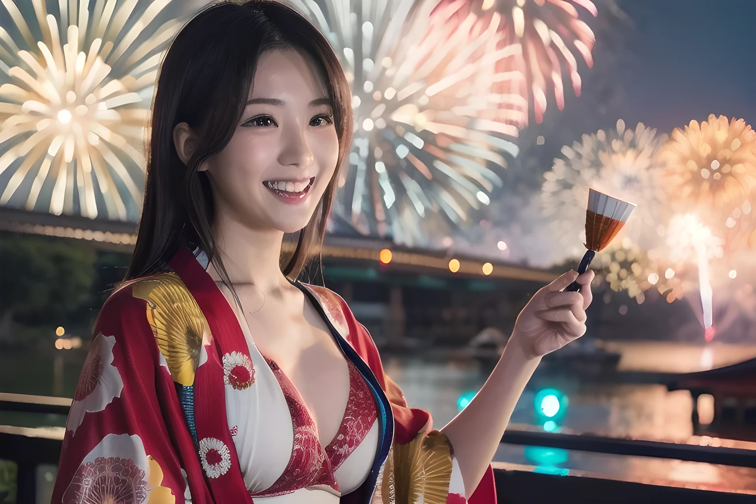 TOP quality,8K, masterpiece, (realistic:1.2), (1girl:1.2), japanese, 20yo,(laugh:1.0),(yukata),(sexy:2.0),(portrait), (fireworks:1.3)