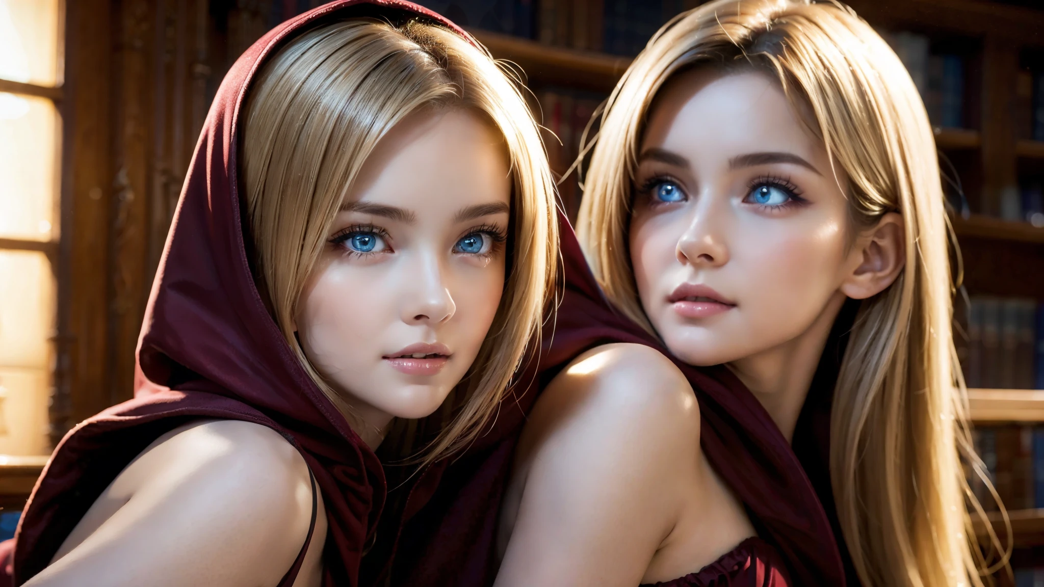 dressed, maroon hood up, (photo realistic:1.4), (hyper realistic:1.4), (realistic:1.3), (smoother lighting:1.05), (increase cinematic lighting quality:0.9), 32K, 1girl,20yo girl, realistic lighting, backlighting, light on face, ray trace, girl wearing a maroon off shoulder robe, wolf blonde hair with blue eyes, black corset, trimmed leg wear, huge maroon hood up, gorgeous face, high resolution, detailed face, not smiling, long hall library background, hair covering half of the face (brightening light:1.2), (Increase quality:1.4), (best quality real texture skin), finely detailed eyes, finely detailed face, (tired and sleepy and satisfied:0.0), face closeup, t-shirts, (Increase body line mood:1.1), shiny skin