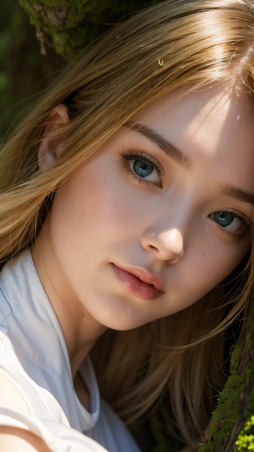 Strong light, Strong contrast, In an open-roofed cave、Sunlight shines through green moss and ferns。, And open( Ocean view:1.1) bottom, Cel-shaded rendering, 4K, 360 degrees, Equirectangular projection, What, One girl, 30-year-old female、Beautiful woman、Long Blonde Hair、White Latex Leotard、White long boots、White arm covers、masterpiece, 最high quality, high quality, High resolution, (((Face close-up)))、Large Breasts、Cleavage
