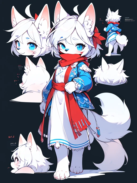 white baby wolf pup, baby girl wolf, bright sky-blue eyes ( Absurdly , High quality , ultra detailed ) ,( hand detailed ) , 1girl, solo, , (concept art, character sheet, character sketch),absurdres(highly detailed beautiful face and eyes)perfect anatomy, adorable, cute eyes, big eyes, short messy hair, long red scarf, baby puppy, walking on all four paws, (sketch), toes, snow, joyful, pouncing, line art