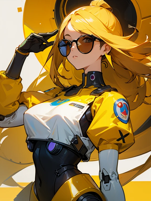 Girl with long blonde hair in a ponytail, red lips, blonde fox ears and tail, big breasts, wearing a tight light blue and orange pilot suit, headphones, sunglasses