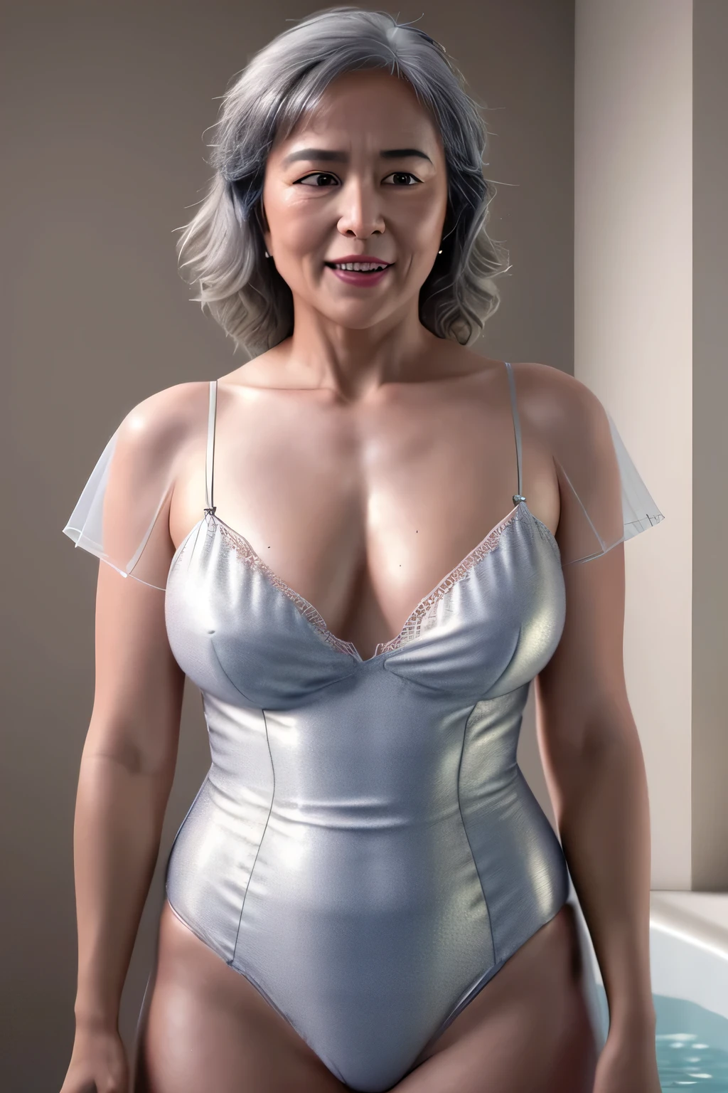 beautiful woman standing, mature, graying hair, gingham one piece bathing suit, chest exposure, contrast, texture, realism, high quality, film grain, FUJIFILM XT3, crazy detail, intricate detail, hyper detail, soft cinematic light, adobe light, photolab, complex, very detailed, muted color, crazy detail, intricate detail, hyper detail, soft cinematic light, adobe light, photolab, complex, very detailed, Mute color, masterpiece,, deep wrinkles at the corners of the mouth), (backlight), (complex, octane rendering, very detailed, 8K, HDR, UHD, High Quality, Professional, Trending in Unreal Engine, ArtStation), Lens Flare, Shading, Laughter