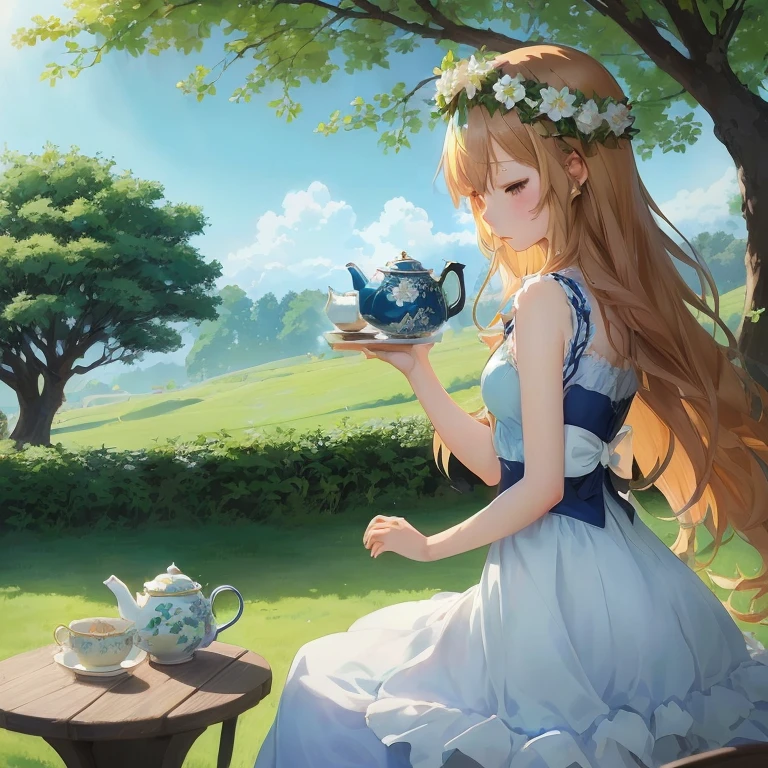 anime girl in a blue dress holding a teapot and a tea pot, marin kitagawa fanart, is ((drinking a cup of tea)), beautiful anime art, cute anime waifu in a nice dress, drinking tea, anime girl with long hair, anime visual of a cute girl, smooth anime cg art, zerochan art, cushart krenz key art feminine