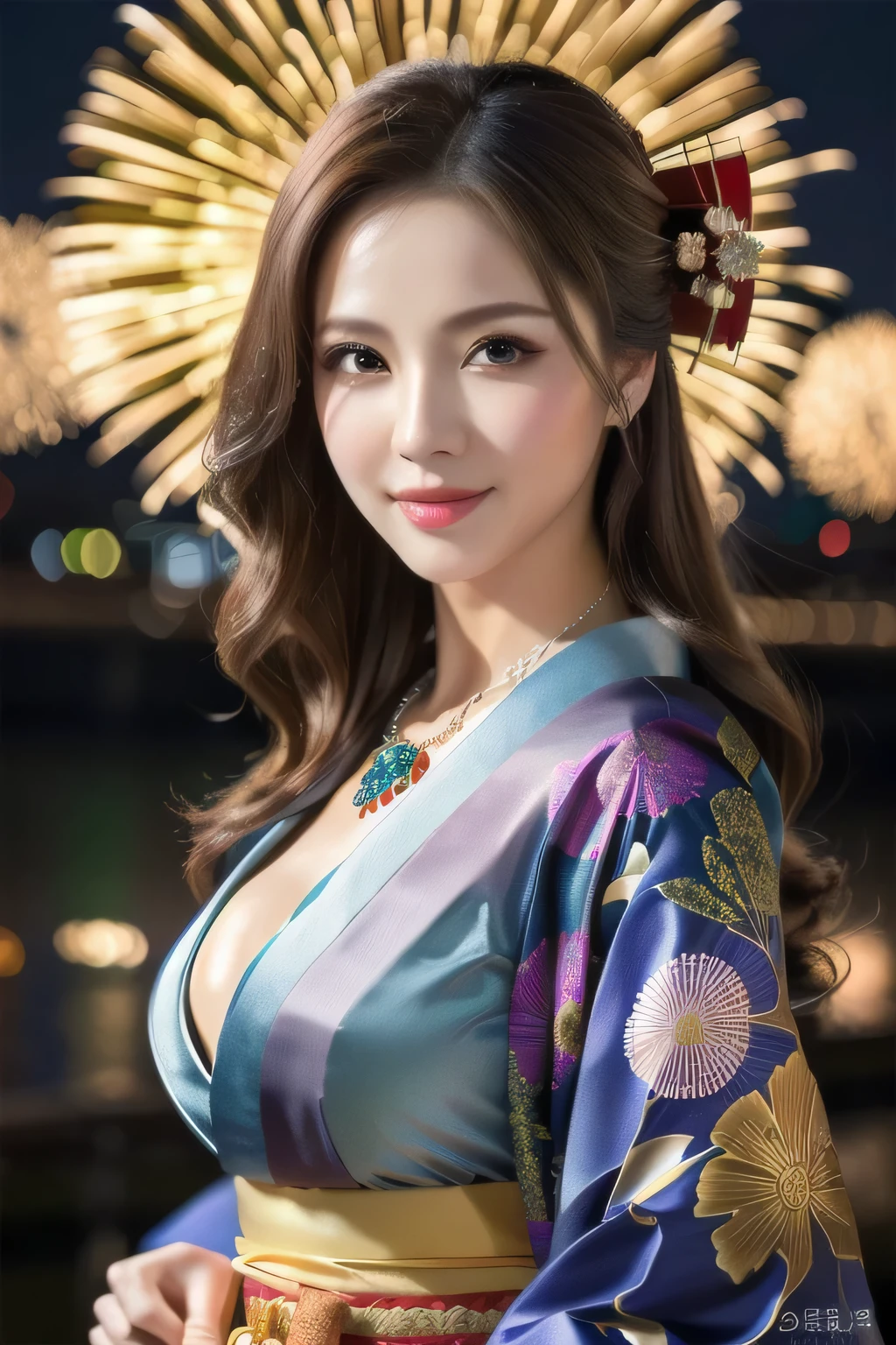 a beautiful russian woman in her 20s, light brown hair, fine white skin, attractive face, tight waist, cleavage, smiling kindly, wearing stylish clothes and necklace, active posing, detailed eyes, nose, lips, long eyelashes, perfectly balanced body, rough hairstyle, (best quality,8k,highres,masterpiece:1.2),ultra-detailed,(realistic,photorealistic,photo-realistic:1.37),HDR,UHD,studio lighting,ultra-fine painting,sharp focus,physically-based rendering,extreme detail description,professional,vivid colors,bokeh,portrait,beautiful night scenery,kimono,geisha,kyoto cityscape,holding sparklers