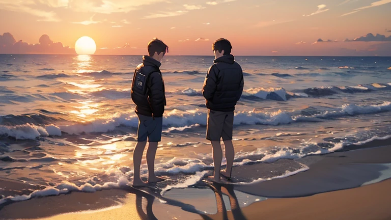  Two  men looking very far away on the edge of a wide sandy beach. Evening, dusk, the setting sun, ultra-wide-angle lens, sparkling sea 