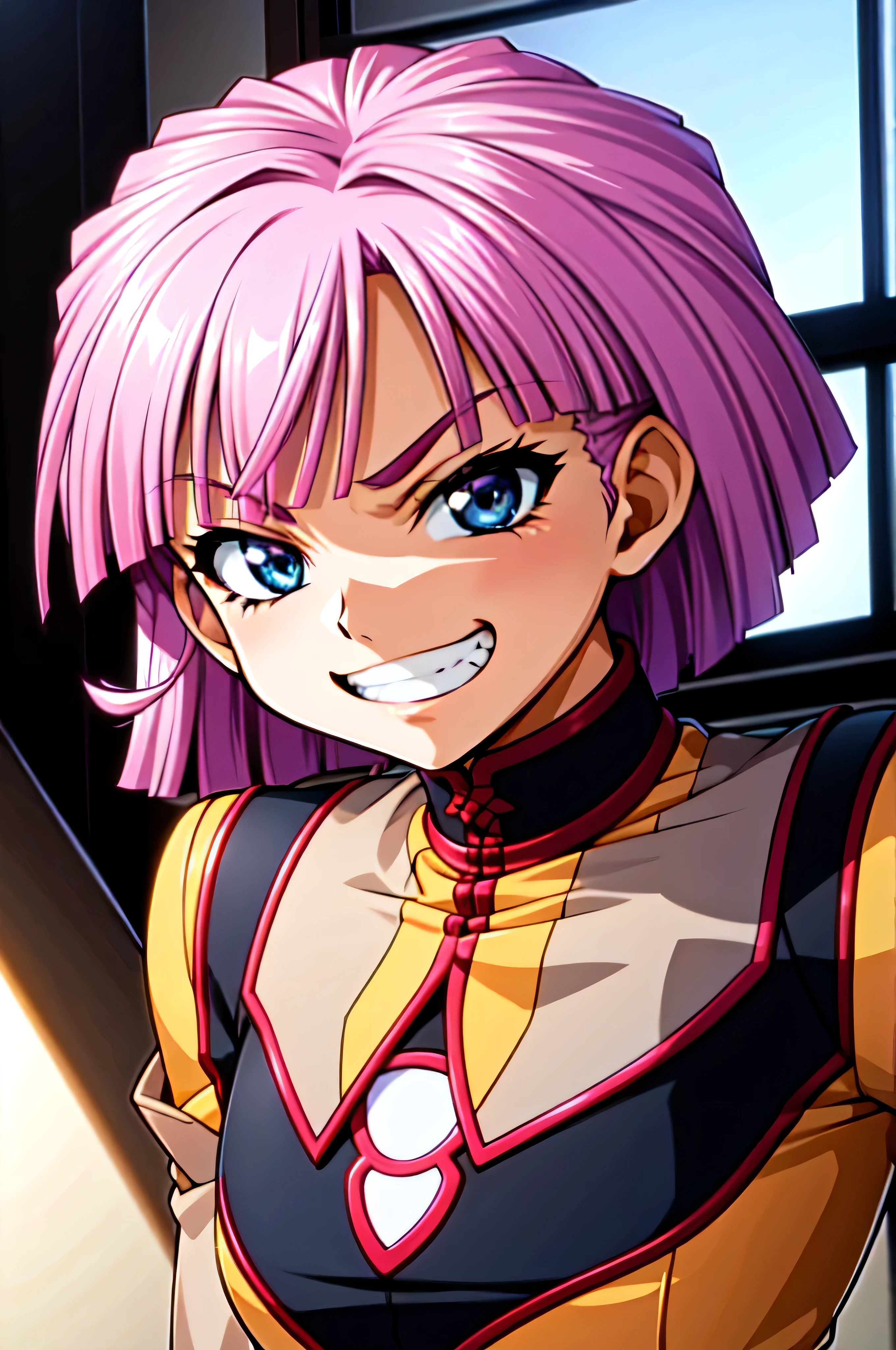 (best_quality 4K, 8K, High resolution, Masterpiece: 1.2), ultra detailed),from_below,(anime_screencap),(1girl,solo),dynamic_angle,very evil_smile,very evil grin,tis,shadeded_face,very sadistic,bob short  hair,