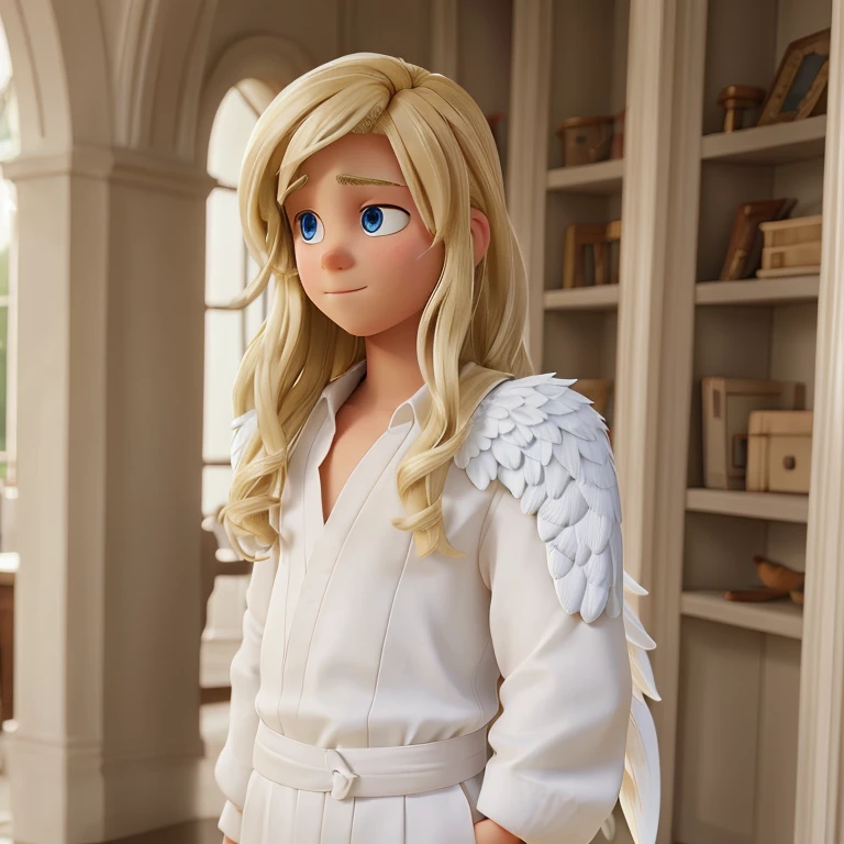 Blonde boy with large white angel wings on his back