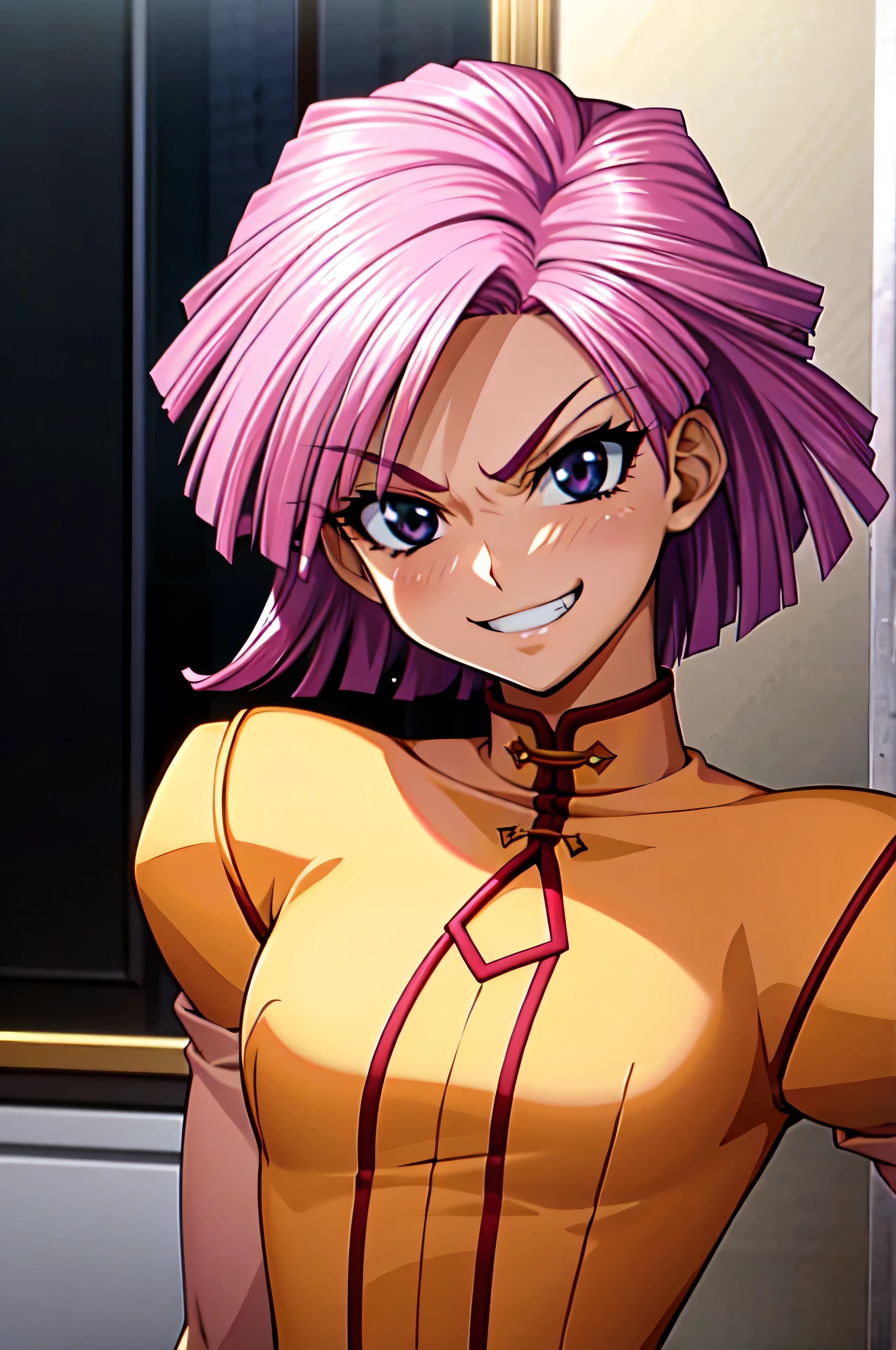 (best_quality 4K, 8K, High resolution, Masterpiece: 1.2), ultra detailed),from_below,(anime_screencap),(1girl,solo),dynamic_angle,very evil_smile,very evil grin,tis,shadeded_face,very sadistic,bob short  hair,