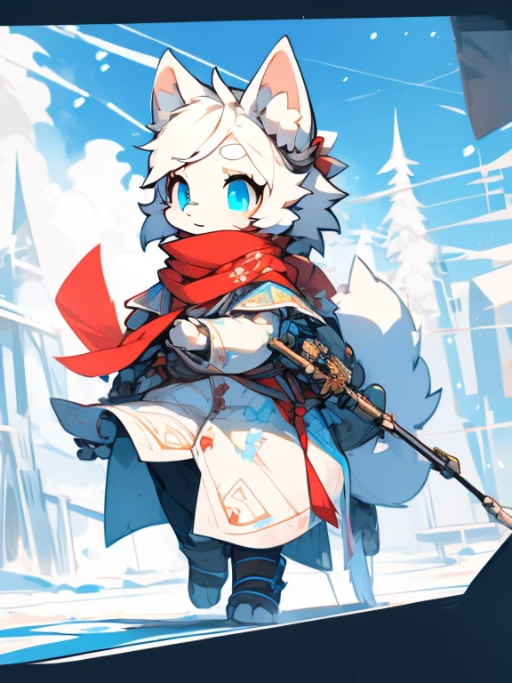white baby wolf pup, baby girl wolf, bright sky-blue eyes ( Absurdly , High quality , ultra detailed ) ,( hand detailed ) , 1girl, solo, , (concept art, character sheet, character sketch),absurdres(highly detailed beautiful face and eyes)perfect anatomy, adorable, cute eyes, big eyes, short messy hair, long red scarf, baby puppy, walking on all four paws, (sketch), toes, snow, joyful, pouncing, line art