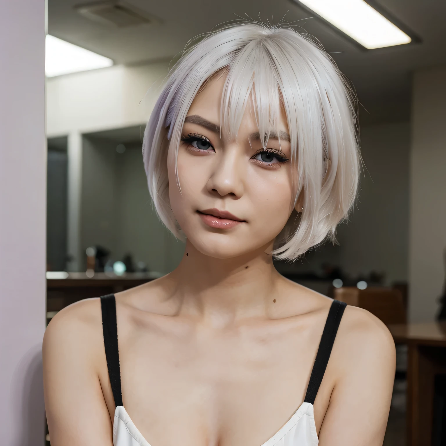 a woman, Asian, short white hair, violet eyes