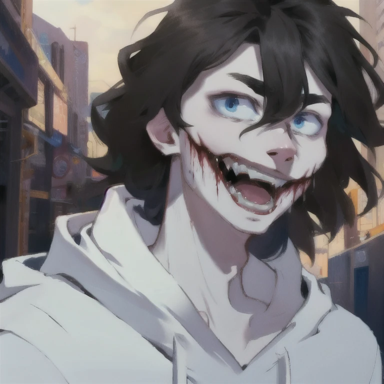 black hair, blue eyes, white hoodie, man, slit smile, bloody mouth, cute
