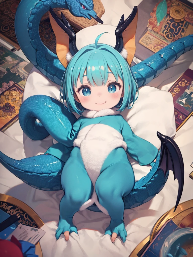masterpiece、highest quality、High resolution、Very detailed、Medium wide shot、Baby Blue Dragon、Big Head、Thick tail、small feathers、smile、