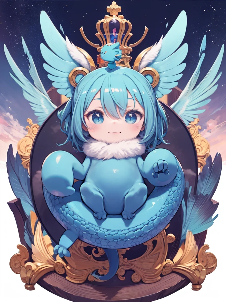 masterpiece、highest quality、High resolution、Very detailed、Medium wide shot、Baby Blue Dragon、Big Head、Thick tail、small feathers、smile、