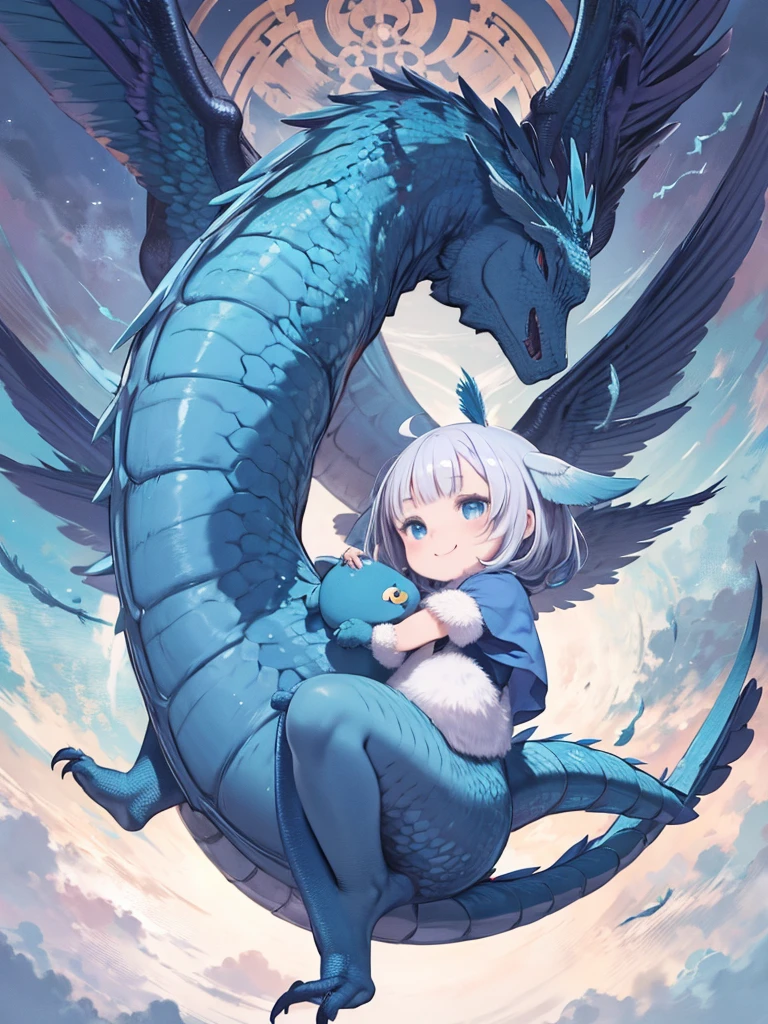 masterpiece、highest quality、High resolution、Very detailed、Medium wide shot、Baby Blue Dragon、Big Head、Thick tail、small feathers、smile、