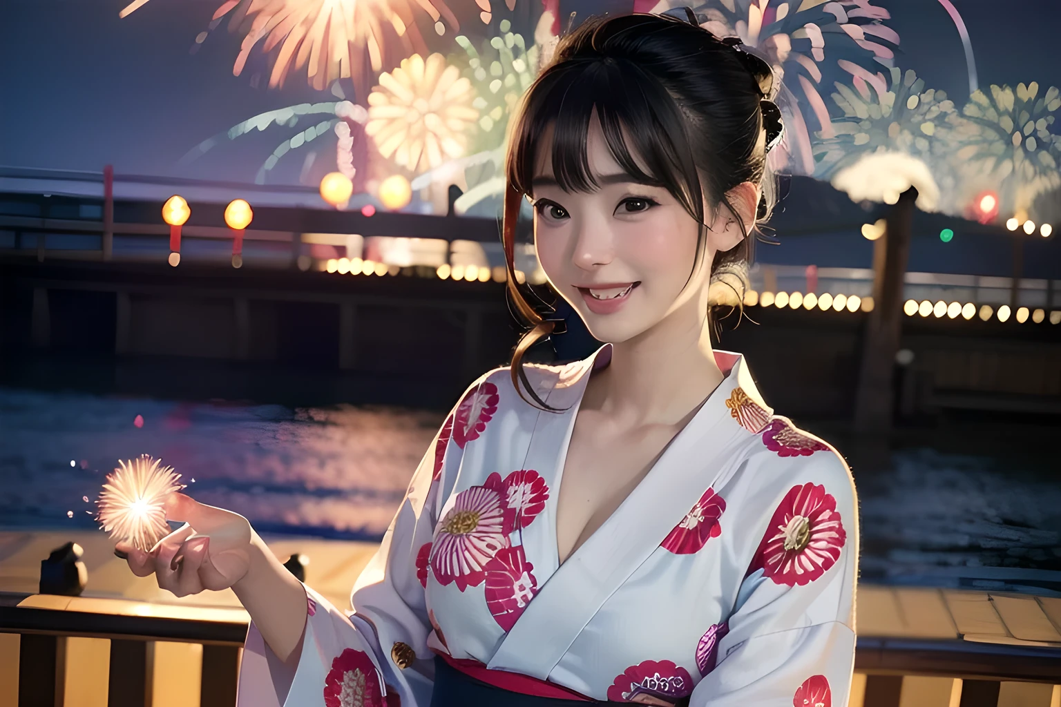 TOP quality,8K, masterpiece, (realistic:1.2), (1girl:1.2), japanese, 20yo,(laugh:1.0),(yukata),(sexy:1.3),(portrait), (fireworks:1.3)