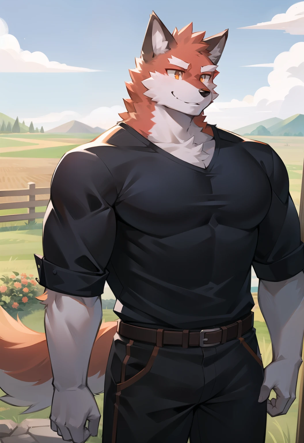 individual,Just not good, Muscular body, young,young角色,Red fur,Body tearing,Standing under the grape trellis, Hot rural summer background,head tilted to one side,Is smiling,Happy mood,Beautiful rural sky, Wearing black short-sleeve,Wolf furry character,Orange pupils