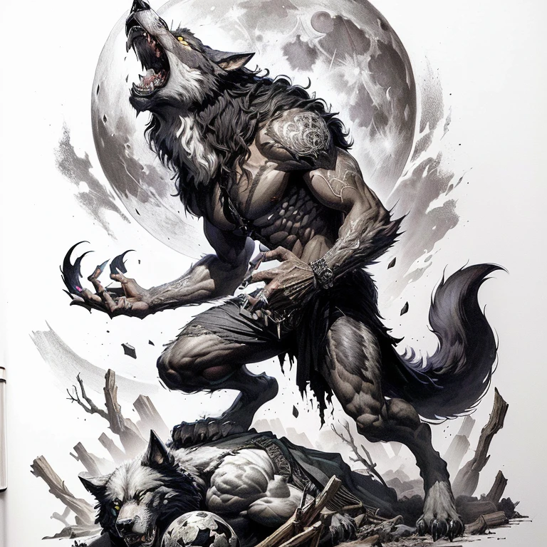 8k, arafed drawing of a werewolf with a full moon in the background, dark - wolf, highly detailed dark art, werewolf, werewolf”, werewolf?, inspired by Alex Horley, very coherent. high detail, Shawn Coss, epic pencil illustration, wolf in hell, clean detailed art, wolf skulls, by Wolf Huber, muscular werewolf, by Alex Horley