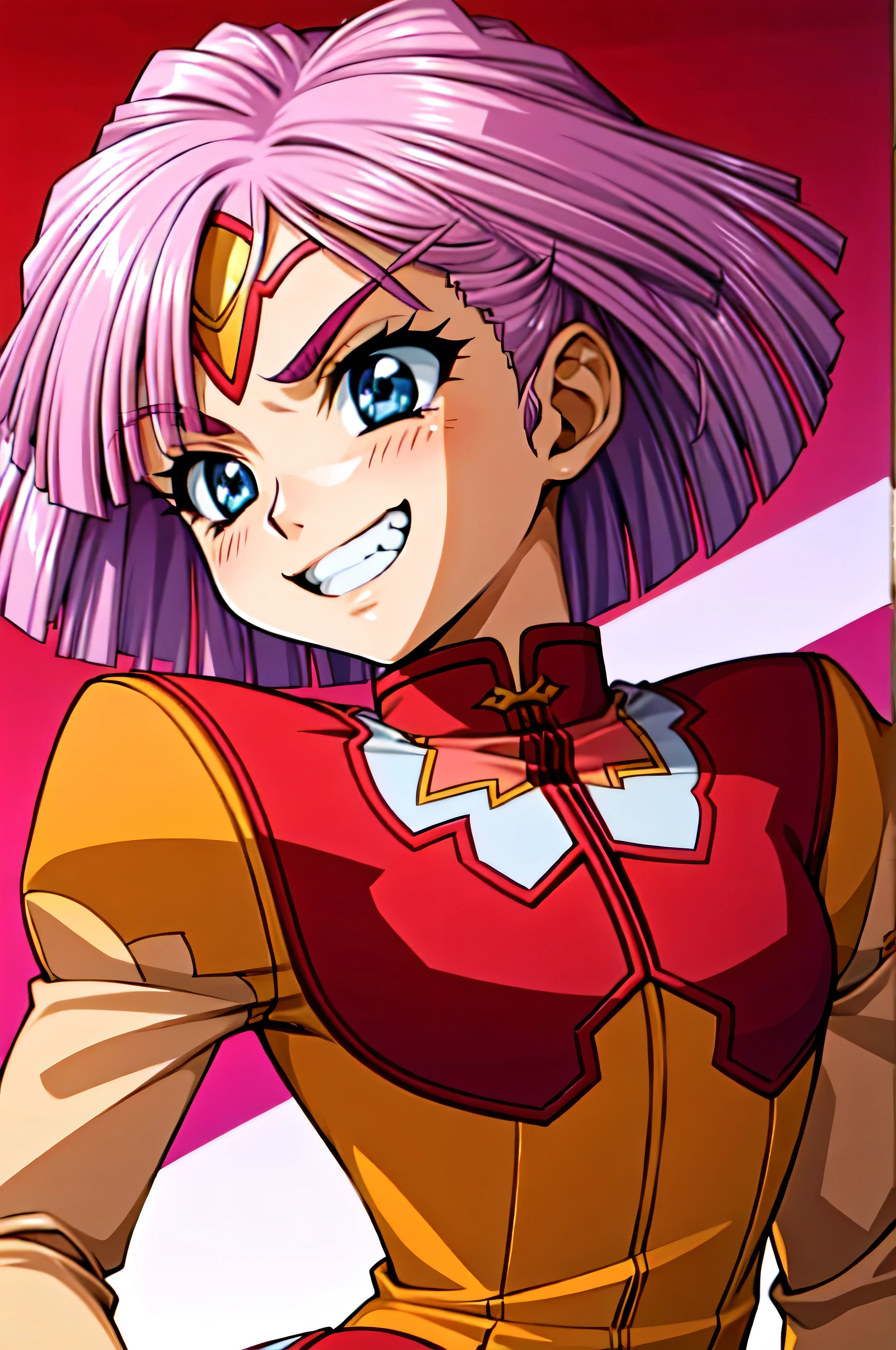 (best_quality 4K, 8K, High resolution, Masterpiece: 1.2), ultra detailed),from_below,(anime_screencap),(1girl,solo),dynamic_angle,very evil_smile,very evil grin,tis,shadeded_face,very sadistic,bob short  hair,red triangle mark on forehead,black and pink background,