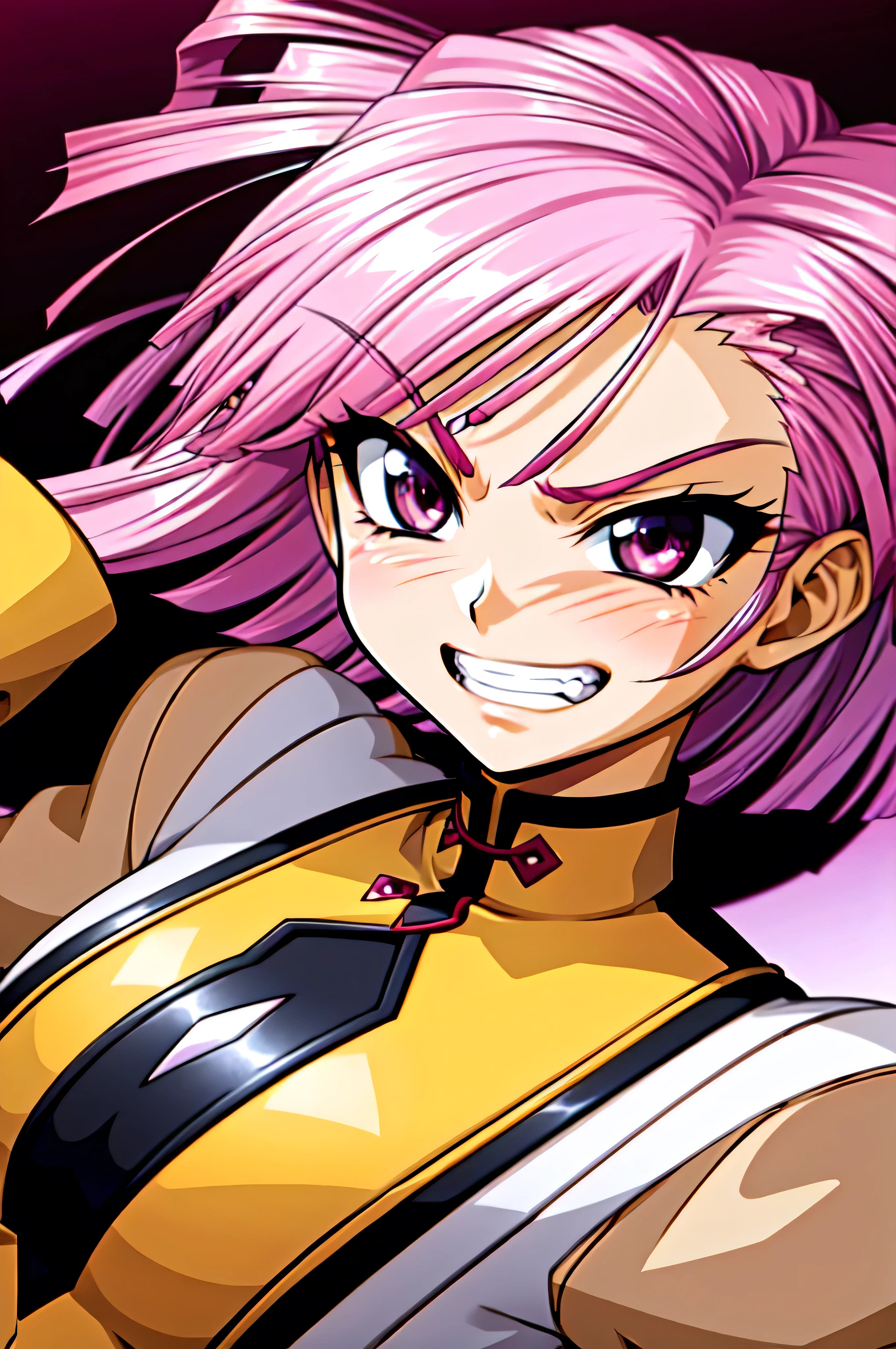 (best_quality 4K, 8K, High resolution, Masterpiece: 1.2), ultra detailed),from_below,(anime_screencap),(1girl,solo),dynamic_angle,very evil_smile,very evil grin,tis,shadeded_face,very sadistic,bob short  hair,red triangle mark on forehead,black and pink background,