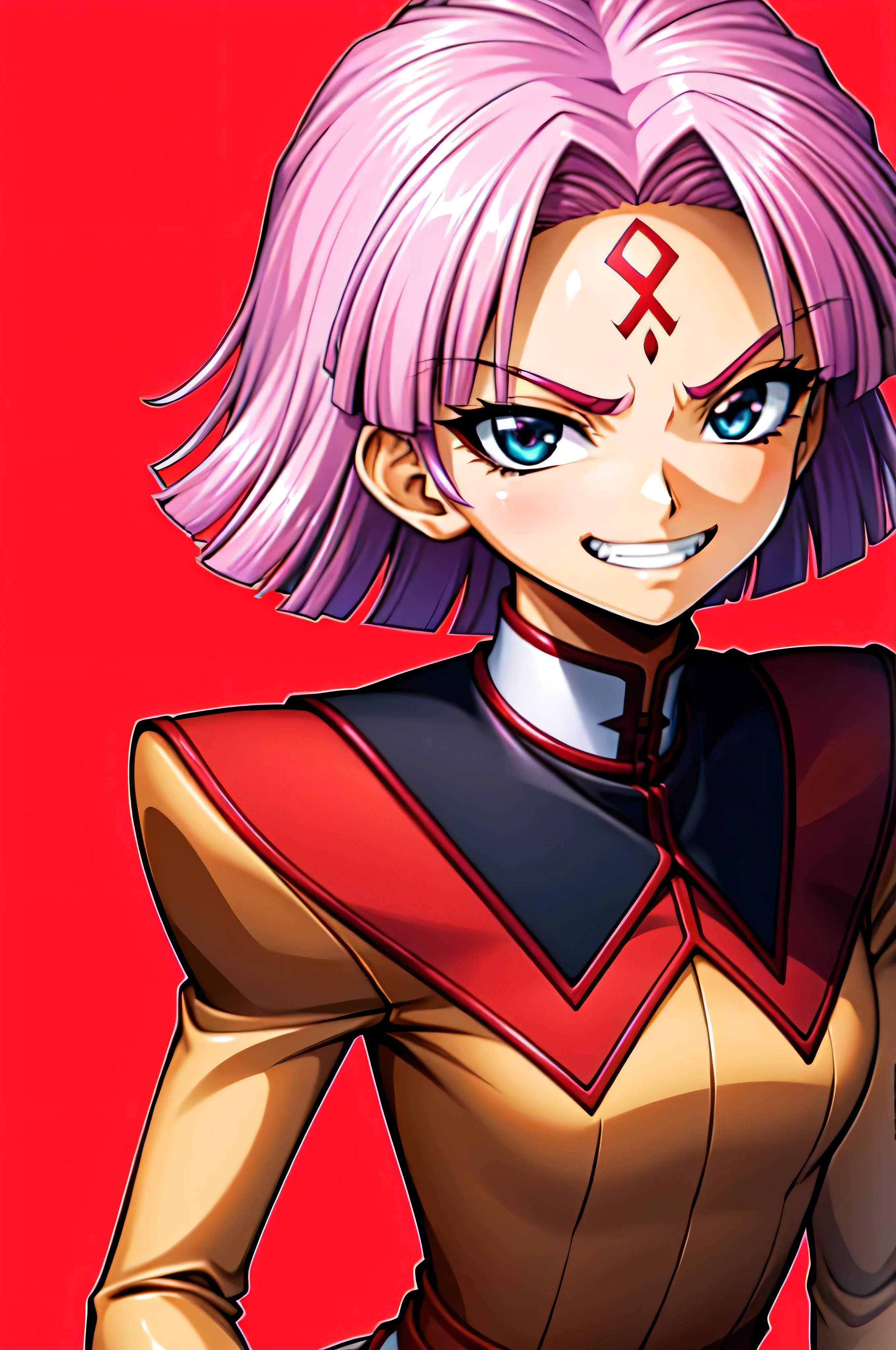 (best_quality 4K, 8K, High resolution, Masterpiece: 1.2), ultra detailed),from_below,(anime_screencap),(1girl,solo),dynamic_angle,very evil_smile,very evil grin,tis,shadeded_face,very sadistic,bob short hair,red triangle mark on forehead,black and pink background,