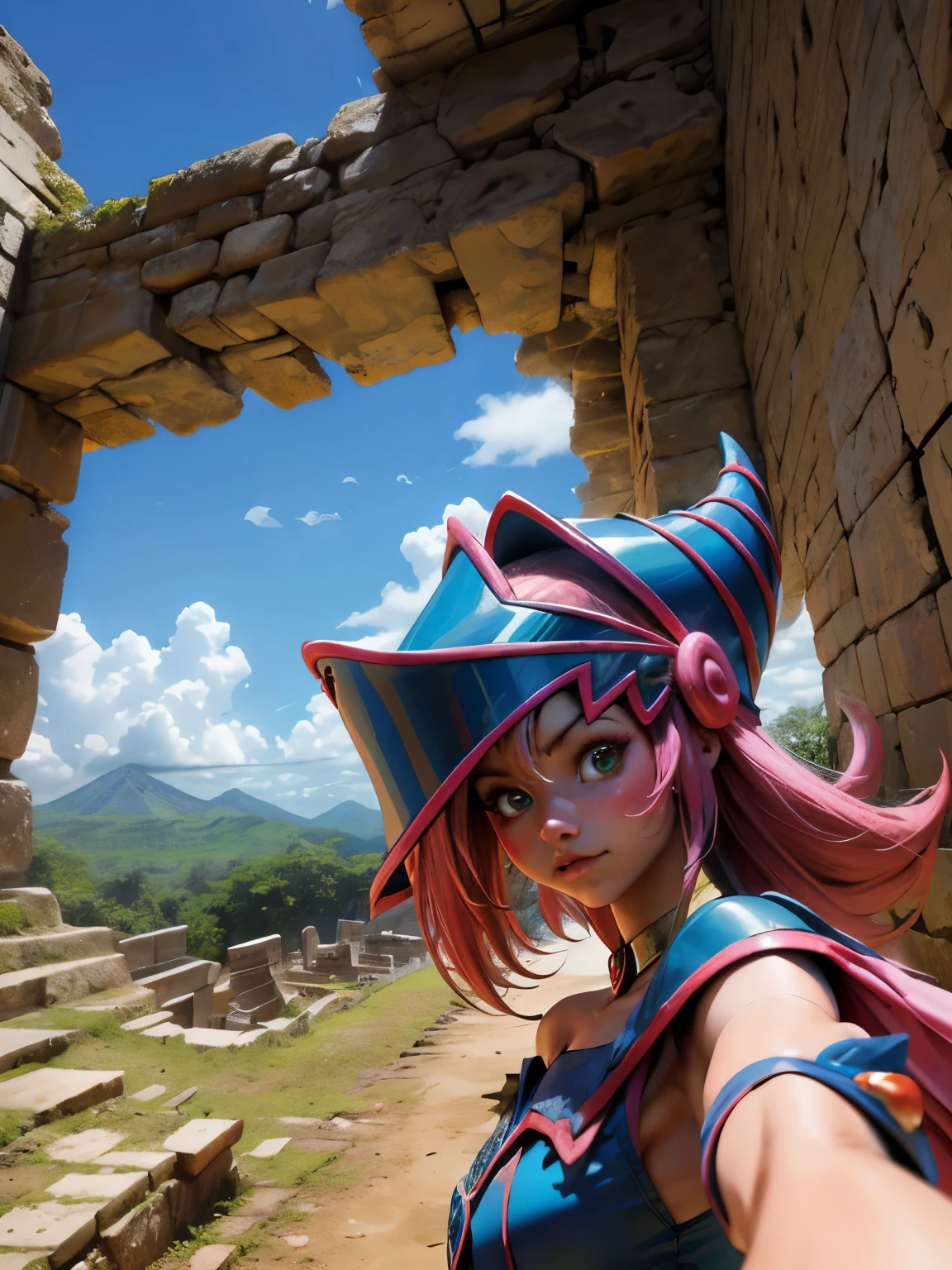 Dark magician taking a selfie in some Mayan ruins. Ella tiene cabello rubio. ojos azules. Labios rojos. Se toma una selfies en unas ruinas mayas. Selva y jaguares a si alrededor