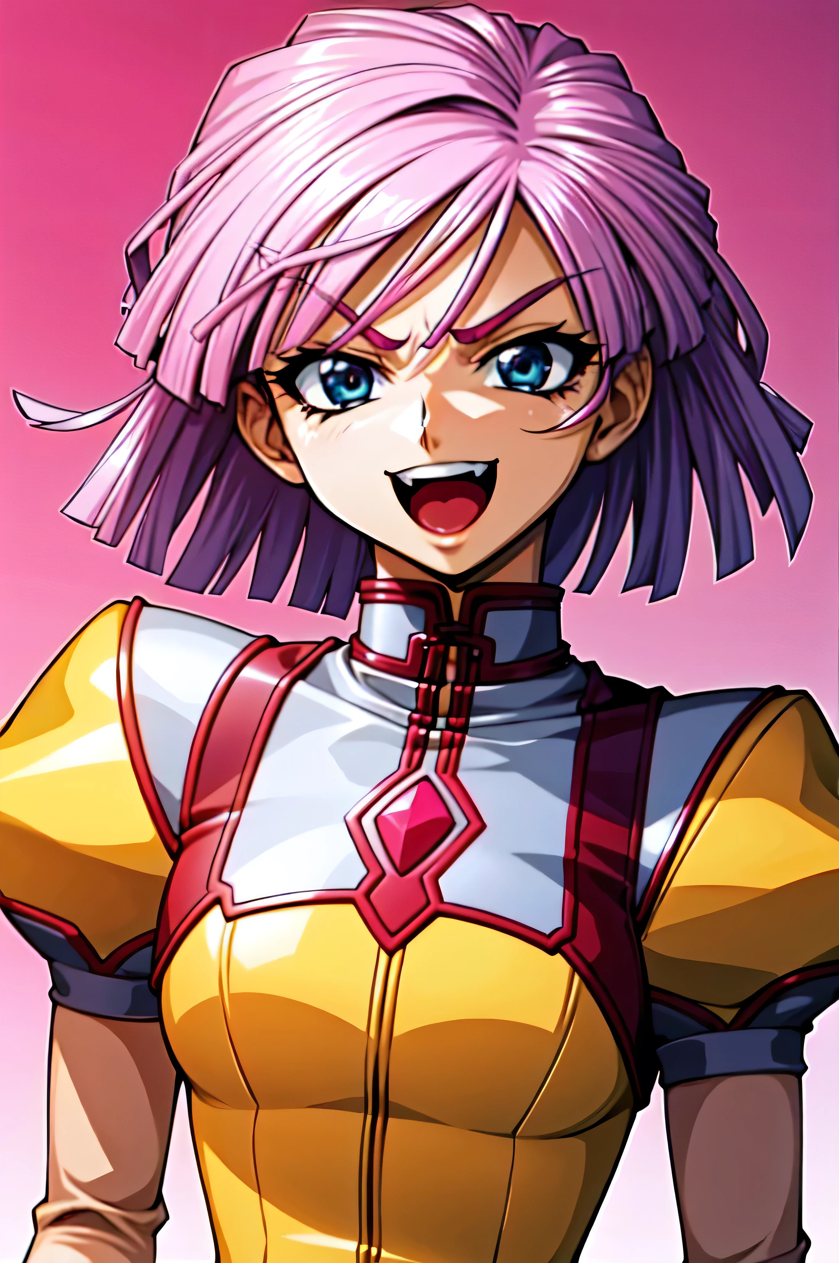 (best_quality 4K, 8K, High resolution, Masterpiece: 1.2), ultra detailed),from_below,(anime_screencap),(1girl,solo),dynamic_angle,very evil_smile,very evil laugh at,tis,shadeded_face,very sadistic,bob short  hair,,black and pink background,