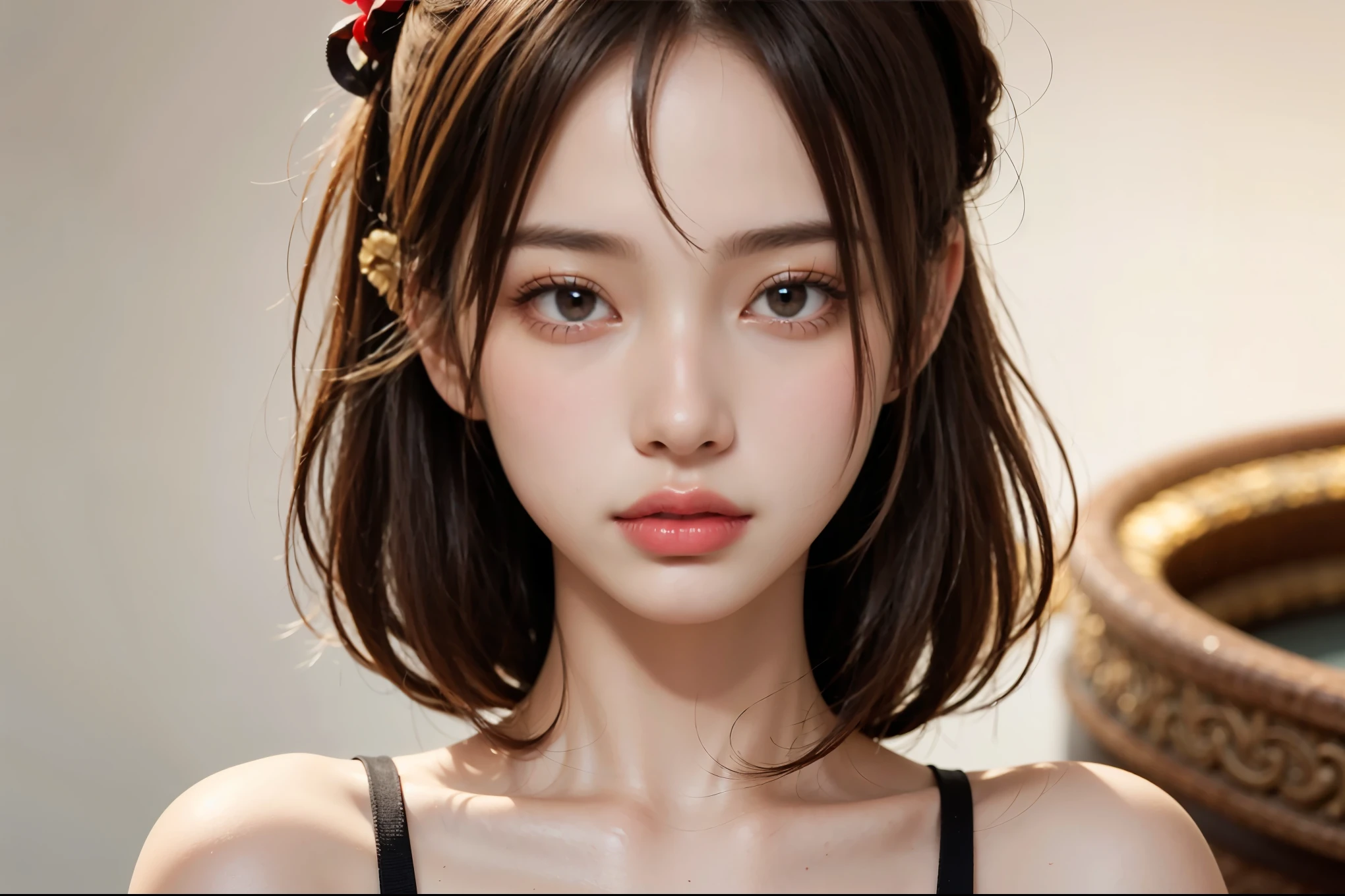 Use the following image as a guide:、Using the subject of the attached image、Create ultra-realistic and highly detailed paintings、Create a masterpiece。This work、Norman Rockwell、Steve Hankoebius、It has to be a clever blend of Jen Christiansen's styles。Using best practices in art and design、Create what is considered a masterpiece。
Portrait of a woman with curled voluminous hair。She has a golden circle behind her head like a halo.、A small red flower is tucked in her hair。The woman is wearing a white loose dress with thin straps。The background is a blend of earth tones.、She appears to be in a meditative or calm state。