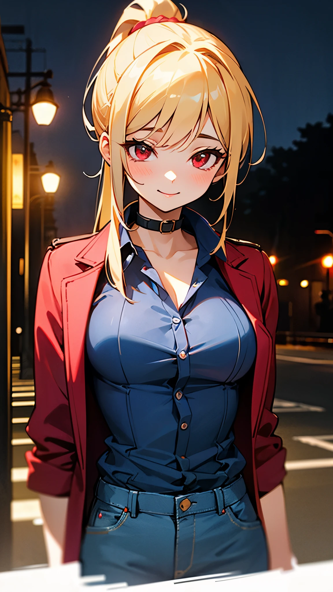 1 Girl、Blonde ponytail、Red eyes:1.2、Sexy Girl、Professional attire:1.3、18-year-old: 1.1、Red riders jacket with attention to detail:1.2、Blue collar shirt、Skinny denim pants:1.2、Beautifully detailed skin、cute:1.2、Droopy eyes:1.2、smile、Upper body close-up、Cinematic Light、(Nostalgic night view:1.4)、Under the streetlight