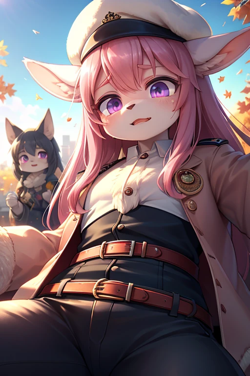 Unrealistic Perspective , dynamic angle , rule of thirds Layout , Bokeh , dynamic action , realistic hairy fur , round face , moist round eyes , Swollen cheeks , hair ties , Short stature , accidents , Happenings , sensational , front view , top view , back view , side view , from above , from below , Joy, anger, sorrow, and happiness , Pleasure , Pain , sit , standing , lying down , lying back , squad , jump , Fluttering in the wind , zoom blur , Spring, Summer, Autumn, Winter , 4K, Realistic, Detailed, Super Eyes Details, Fashion clothes, Pink trench coat, French Beret, Black pants with belt, Long Hair, In the city, Pink Hair, Purple eyes, yae miko, Wearing trendy sunglasses,
