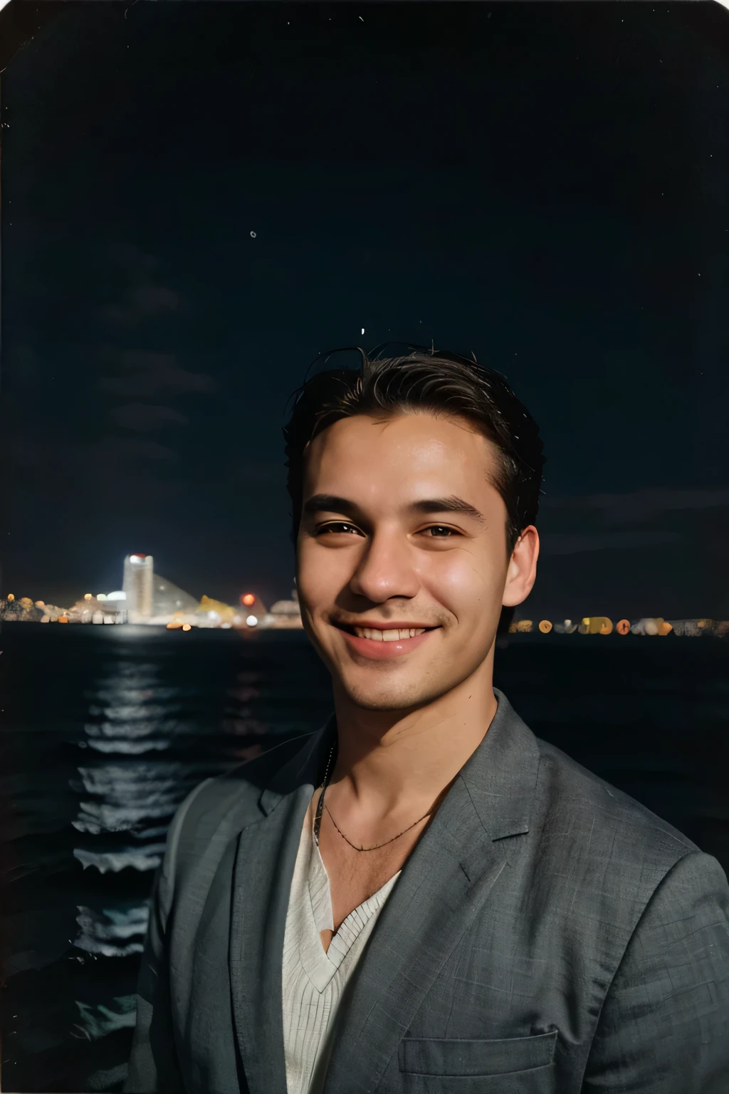 Male character in night cityscape, Passport photo, smiling, Near the sea, Modern, Don't go