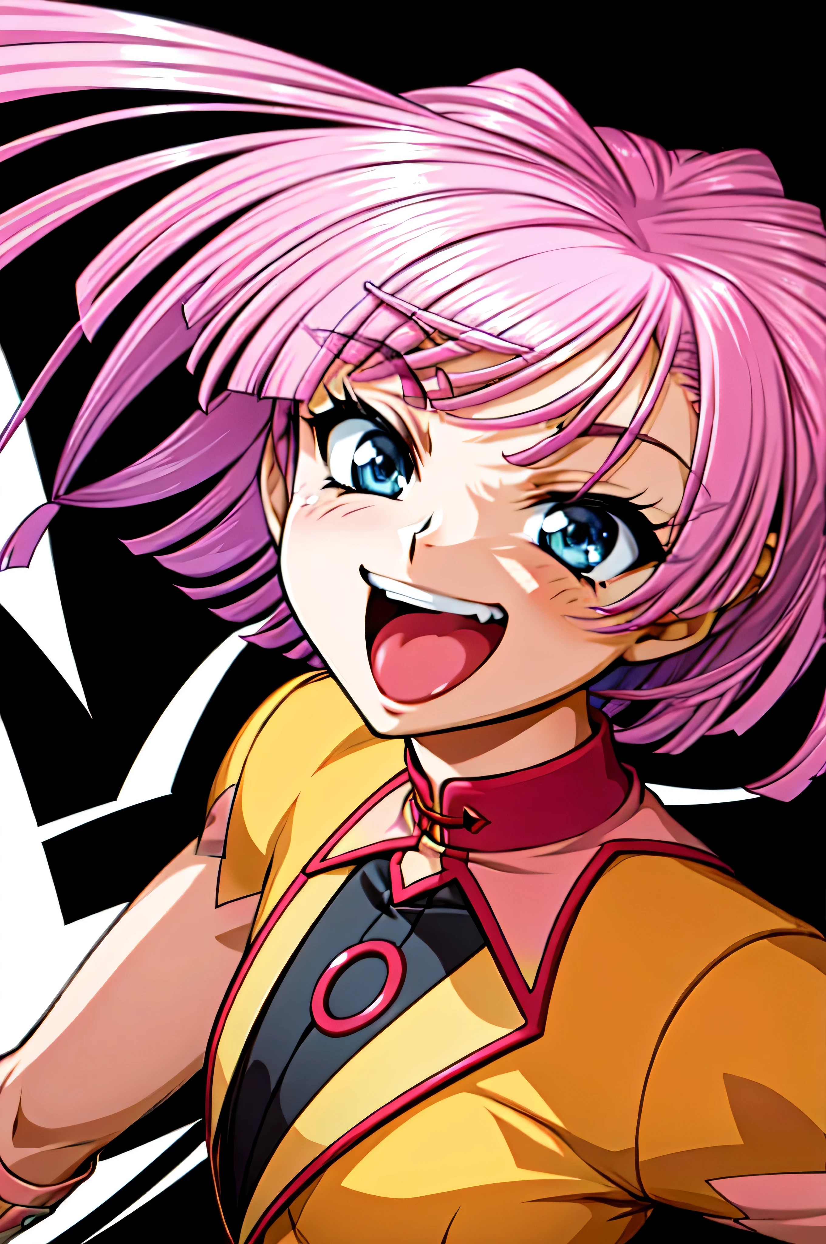 (best_quality 4K, 8K, High resolution, Masterpiece: 1.2), ultra detailed),from_below,(anime_screencap),(1girl,solo),dynamic_angle,very evil_smile,very evil laugh at,tis,shadeded_face,very sadistic,bob short  hair,,black and pink background,