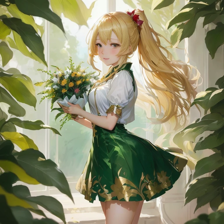 anime girl with long blonde hair holding a bouquet of flowers, marin kitagawa fanart, blonde anime girl with long hair, splash art anime , cute anime waifu in a nice dress, blonde - haired princess, cushart krenz key art feminine,  in dress, rin, beautiful sunflower anime girl, guweiz on pixiv artstation