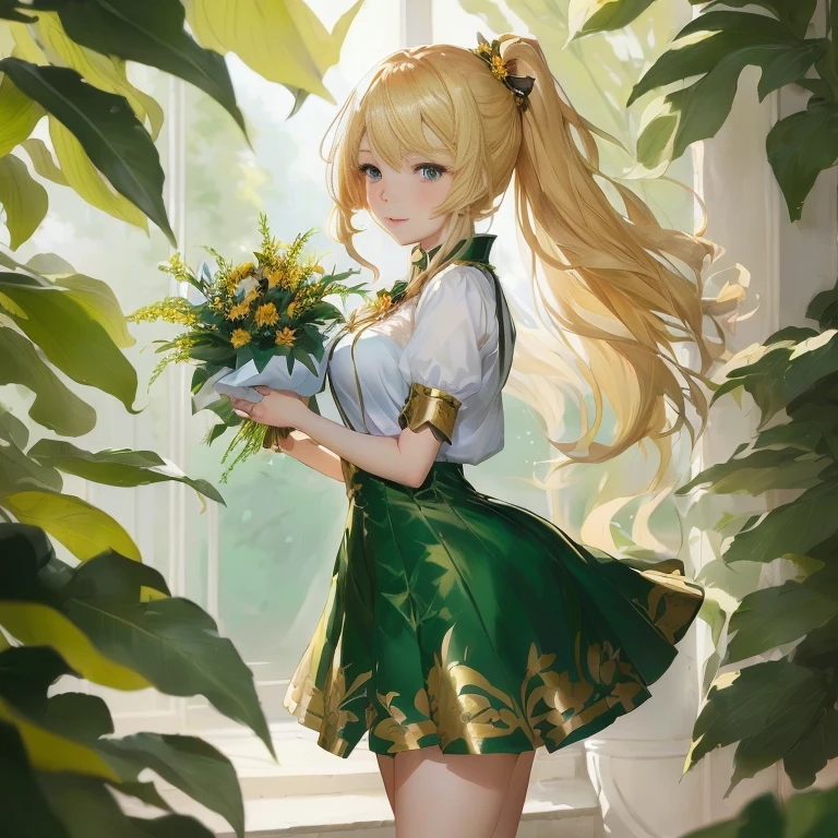 anime girl with long blonde hair holding a bouquet of flowers, marin kitagawa fanart, blonde anime girl with long hair, splash art anime , cute anime waifu in a nice dress, blonde - haired princess, cushart krenz key art feminine,  in dress, rin, beautiful sunflower anime girl, guweiz on pixiv artstation