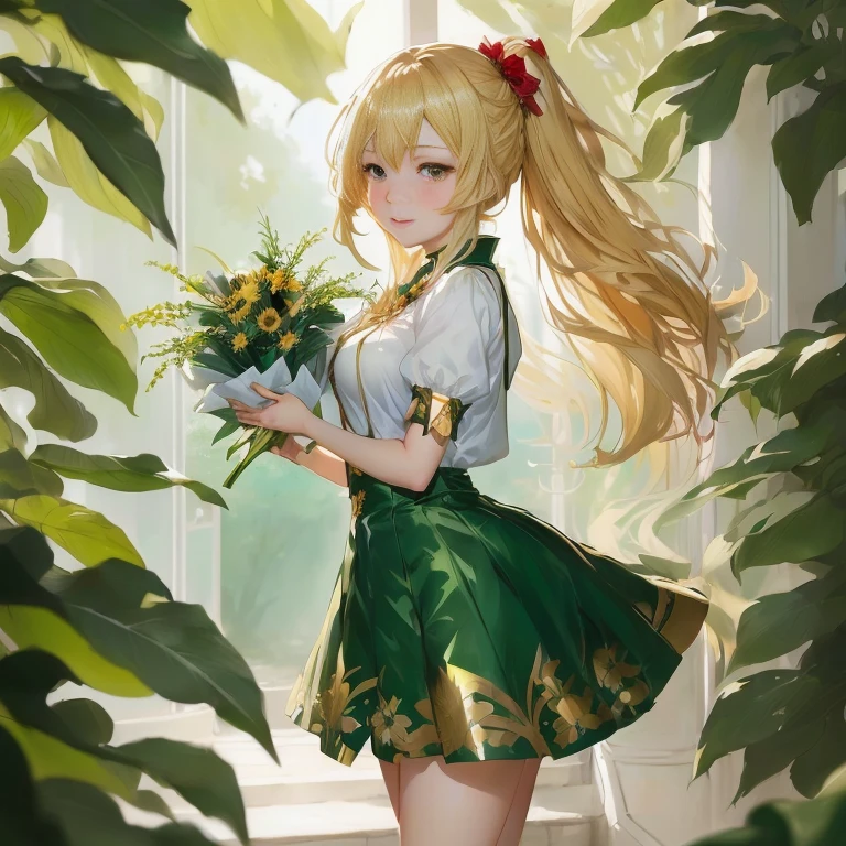 anime girl with long blonde hair holding a bouquet of flowers, marin kitagawa fanart, blonde anime girl with long hair, splash art anime , cute anime waifu in a nice dress, blonde - haired princess, cushart krenz key art feminine, in dress, rin, beautiful sunflower anime girl, guweiz on pixiv artstation