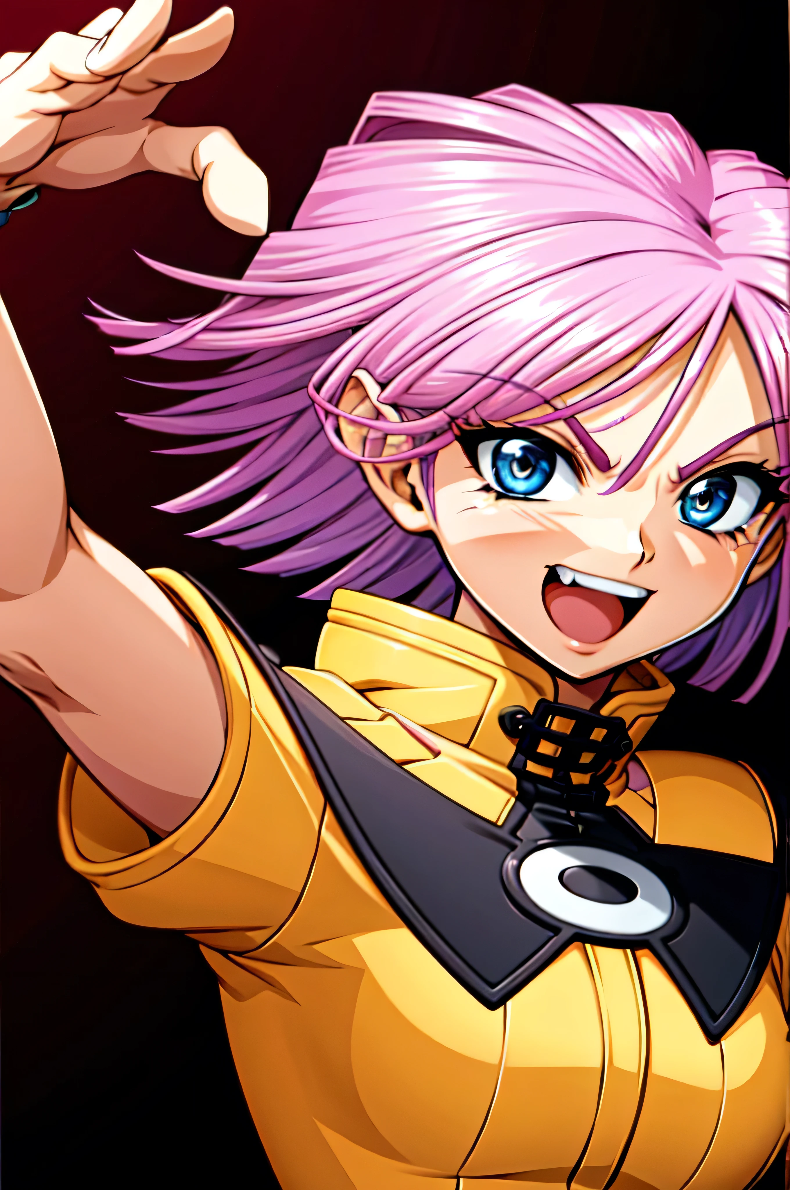 (best_quality 4K, 8K, High resolution, Masterpiece: 1.2), ultra detailed),from_below,(anime_screencap),(1girl,solo),dynamic_angle,very evil_smile,very evil laugh at,tis,shadeded_face,very sadistic,bob short hair,,black and pink background,